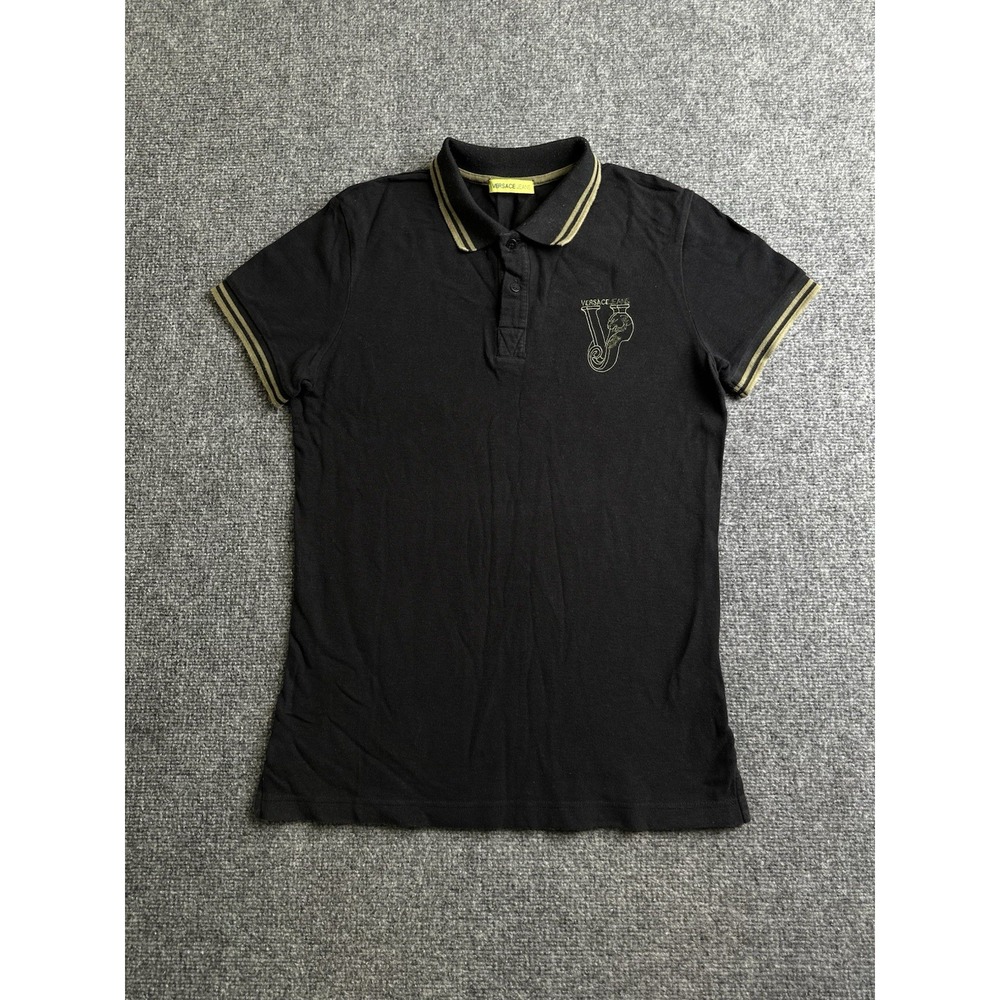 Men's Versace Jeans Black Polo Shirt Gold Trim Logo Short Sleeve, Size S